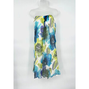 Badgley Mischka Blue Floral Silk Strapless Mini Dress Size 12 Cocktail Party